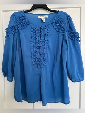 Gorgeous Roaman's Denom 24/7 Royal Blue Ruffle Front Button-Down Shirt, Size 16W